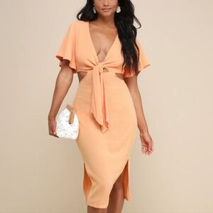 NWT Lulus Summer Journey Light Orange Tie Front Bust Cutout Midi Dress Linen XL
